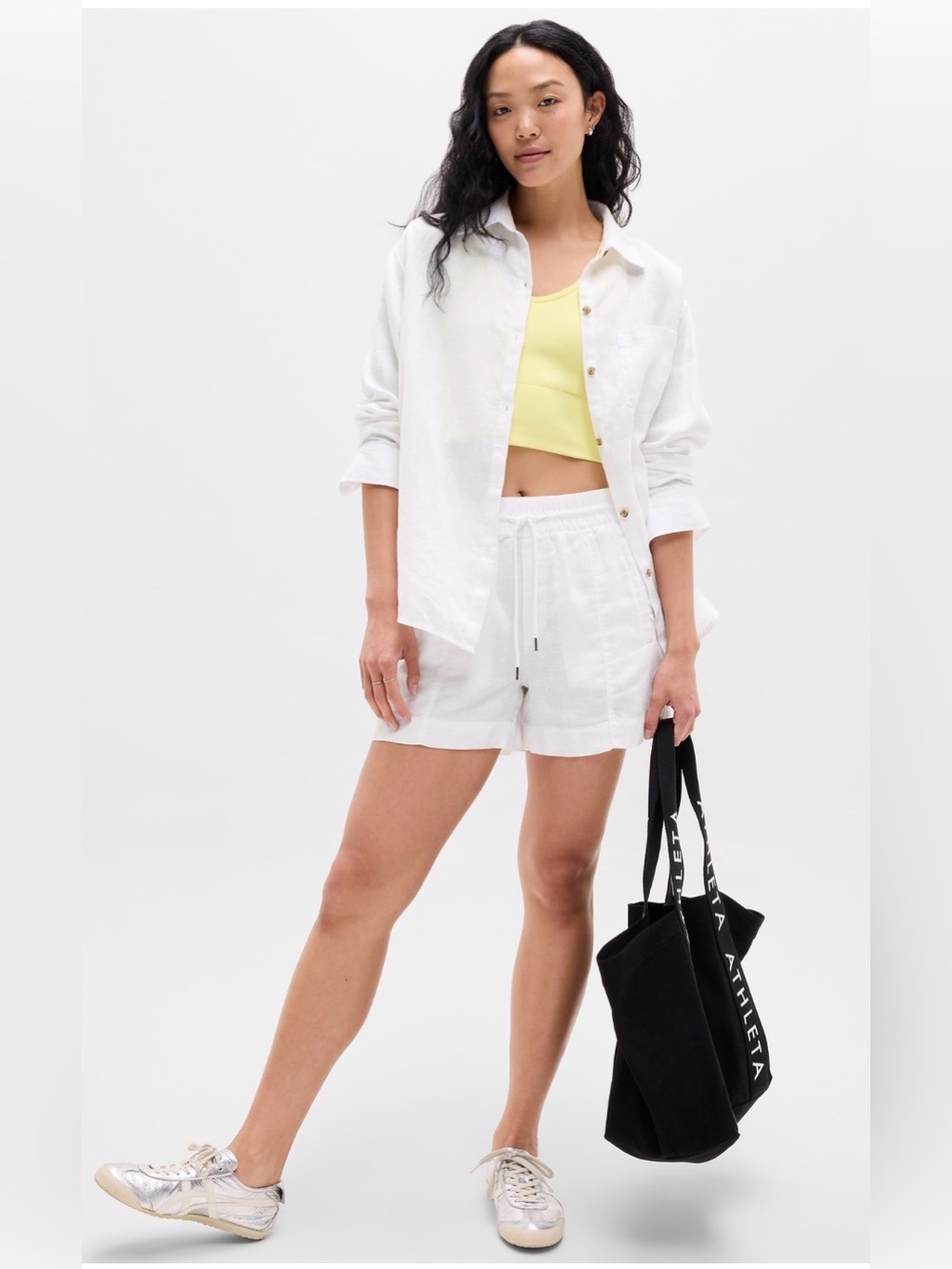 Athleta Retreat White Linen Long Sleeve Button Front Top, XXS, New, NWOT!